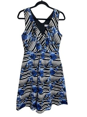 Frock Shop Floral Stripe Fit and Flare Dress Size Medium Black Blue White Retro